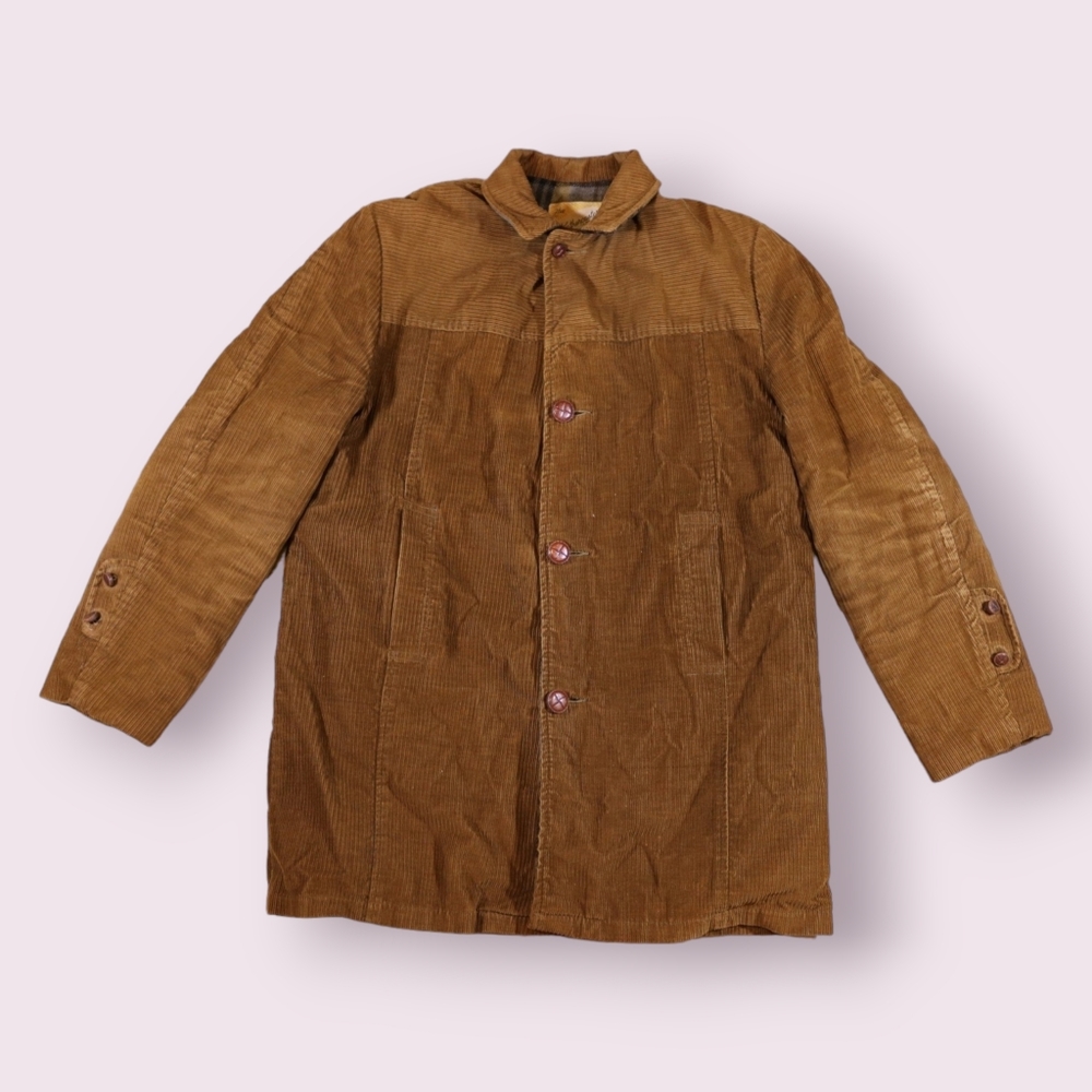 VINTAGE WEATHERCASTER BEIGE & BROWN COTTON CORDUROY COAT LINED MENS SIZE XL